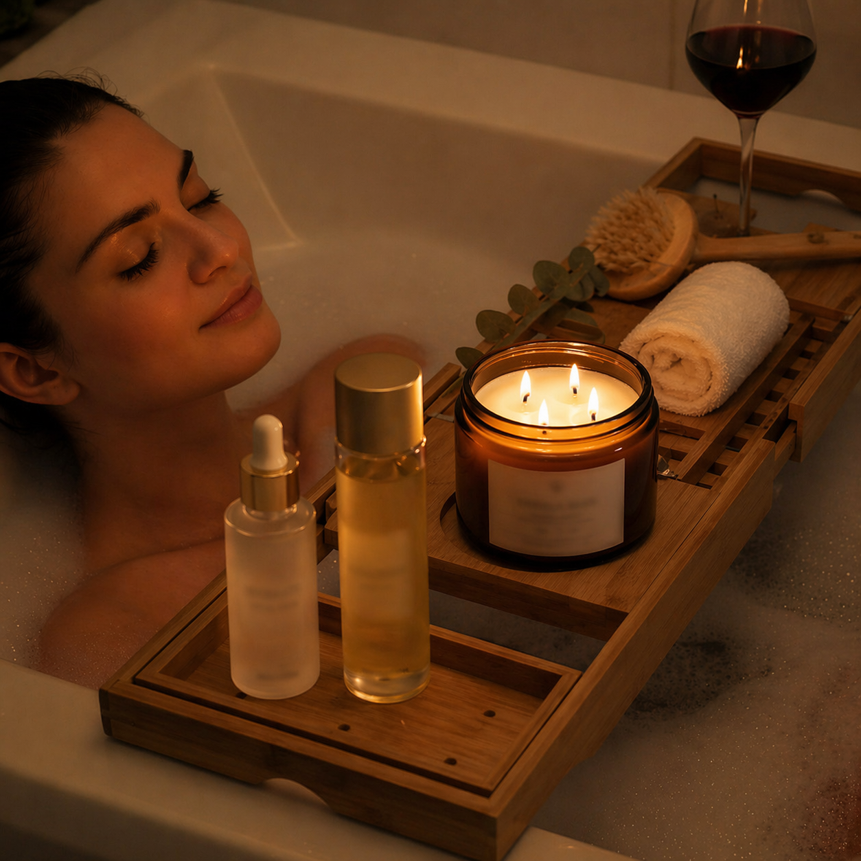luxury bath tray setup for relaxing evening routine