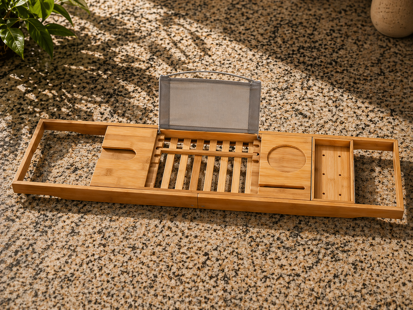 wooden bathtub caddy tray close up bamboo texture