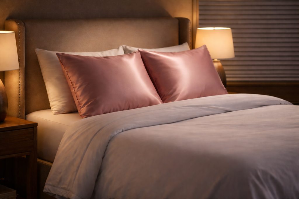 luxury silk pillowcase on bed aesthetic