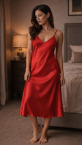 satin gown worn in bedroom setting