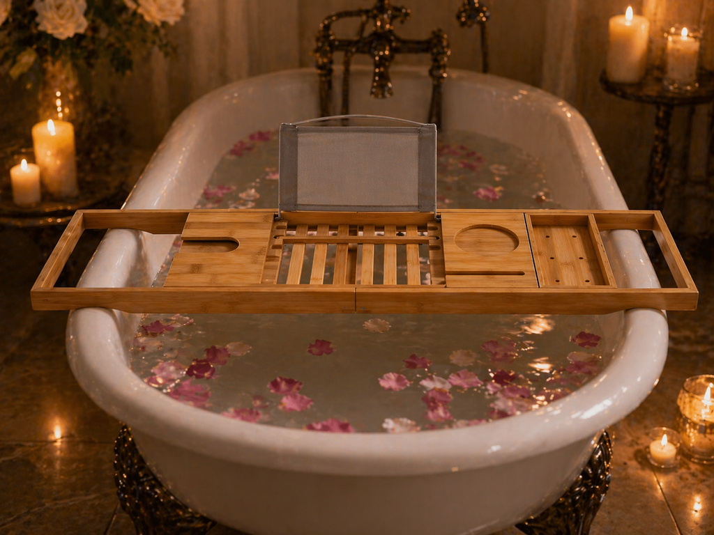 bath caddy tray across tub with spa aesthetic
