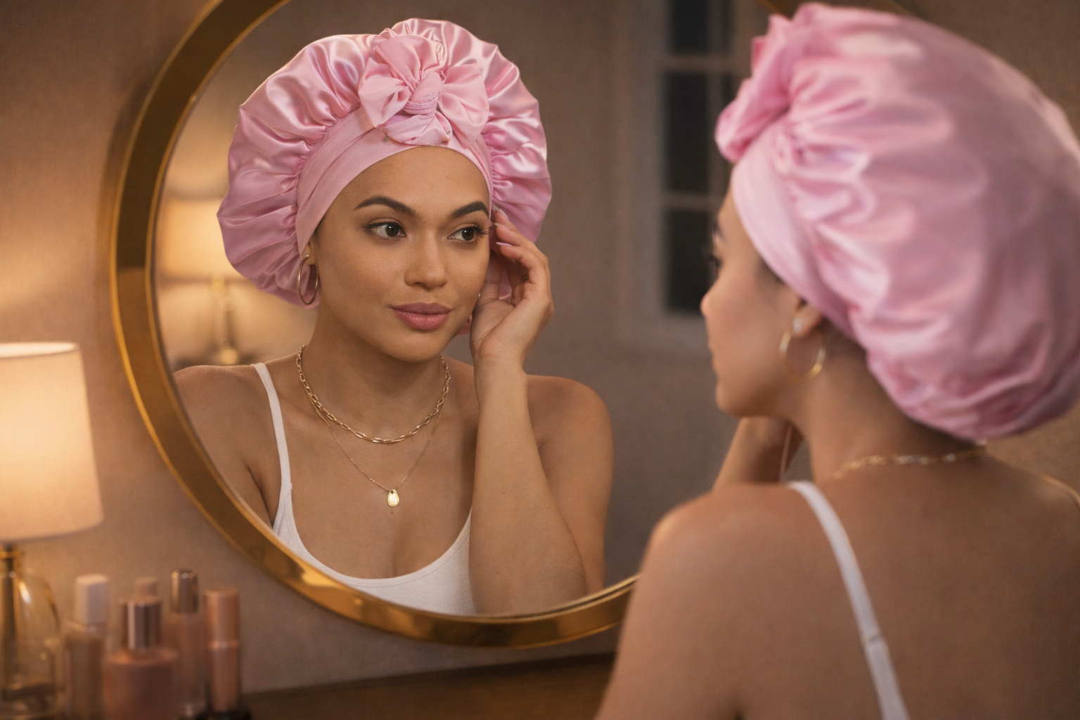 pink satin bonnet nighttime routine