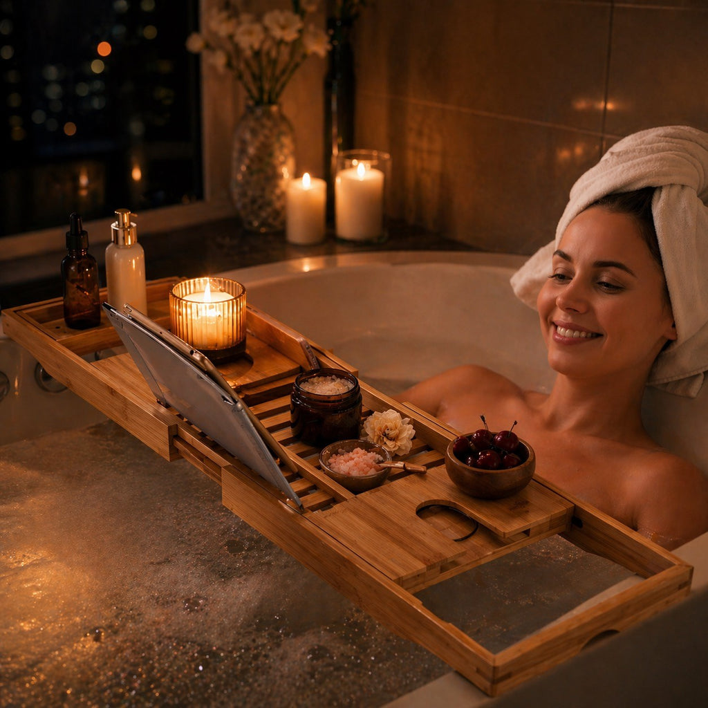 bamboo bathtub caddy tray for bath relaxation