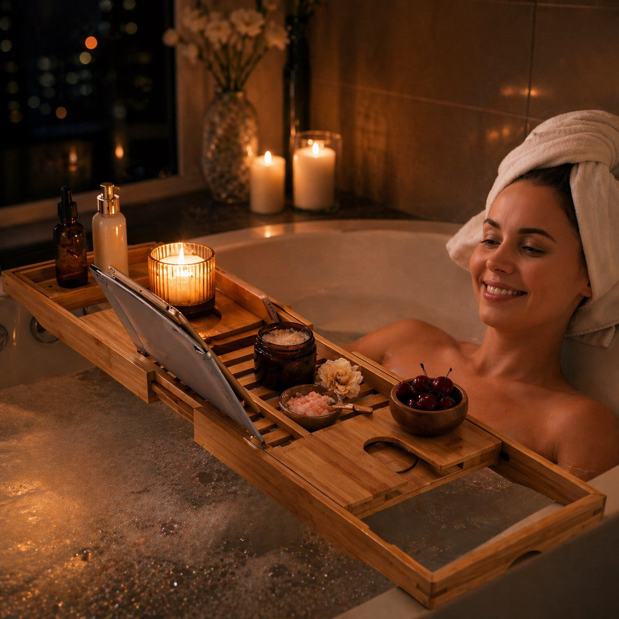 bamboo bathtub caddy tray for bath relaxation